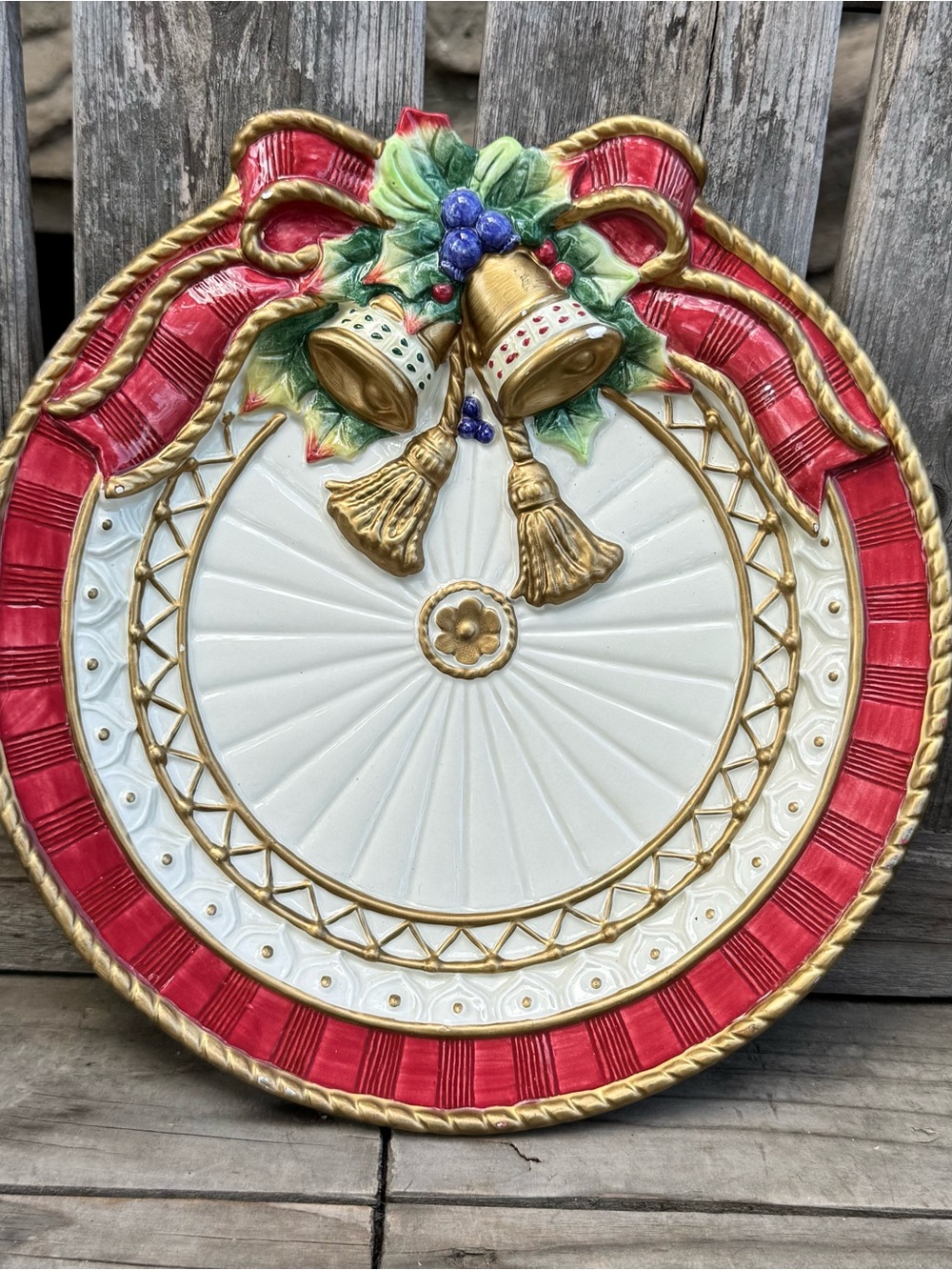 Vintage 2001 Fitz & Floyd Christmas Canape Plate Holiday Bells Ribbon 3D